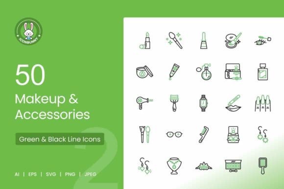 50 Makeup Accessories Green Icons: A Versatile Design Resource for Digital and Print Projects
